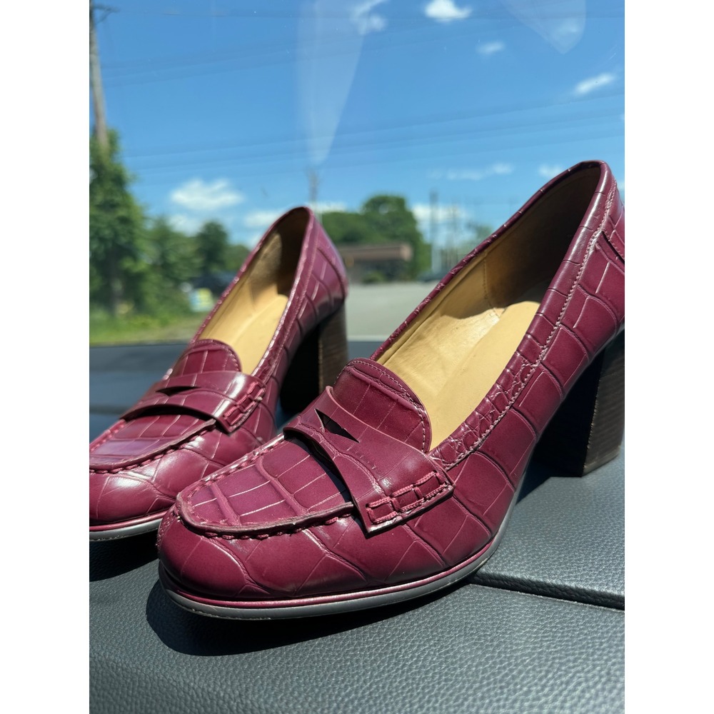 Michael Kors Burgundy Croc Embossed Leather Penny Loafer Block Heel Pumps